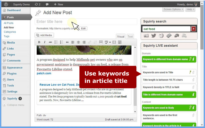 Squirrly SEO live assistant UI