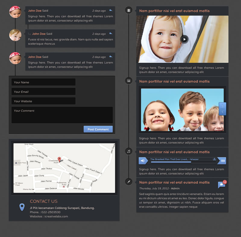 Timeline-Like, Comment,Content, Map & Contact