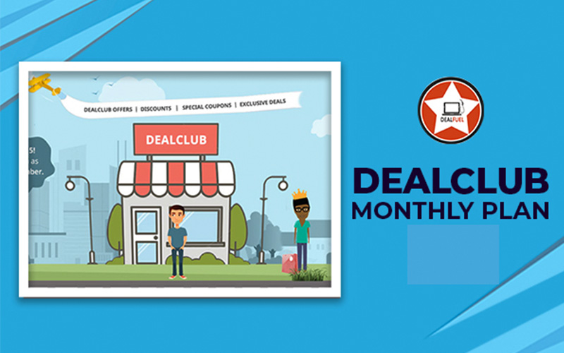 DealClub monthly plan banner with animated person standing in front of a shop