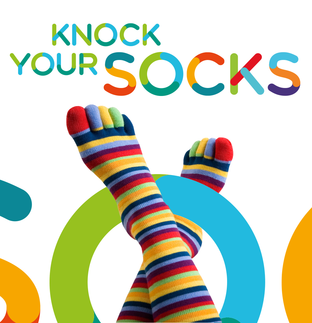 knock-yoursocks-off text written in colors and image showcasing colorful socs -vector typeface