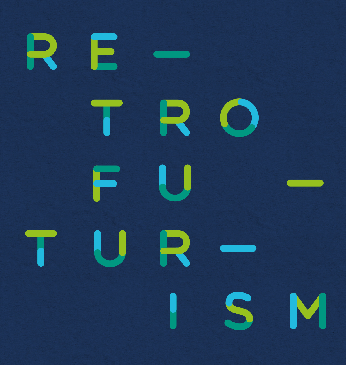 retrofuturism written against navy blue backgrounds