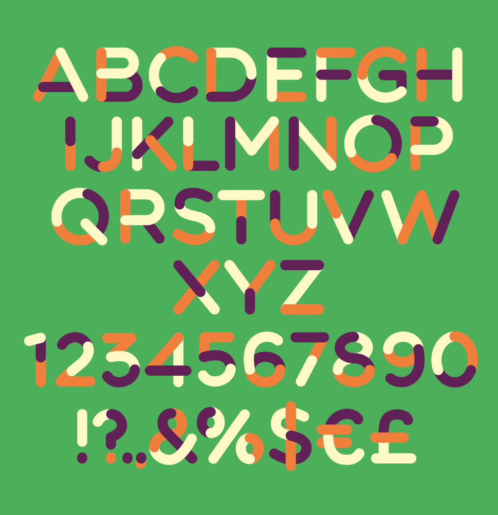 alphabets written in 3 colors against green backgrounds - vector typeface