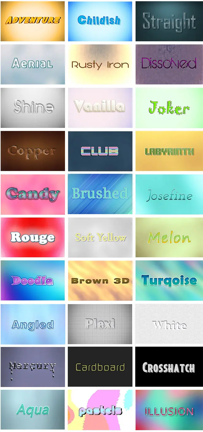 Text-effects-bundle carousal of text effects in the Free text effects bundle