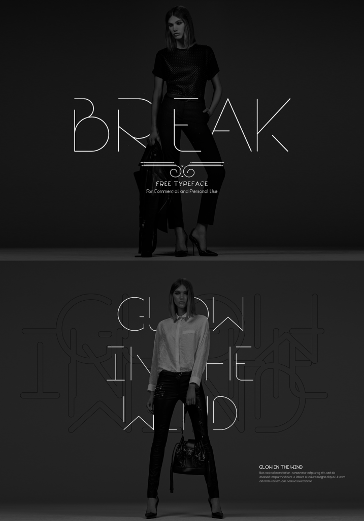 Break - modern free font on model's posters 