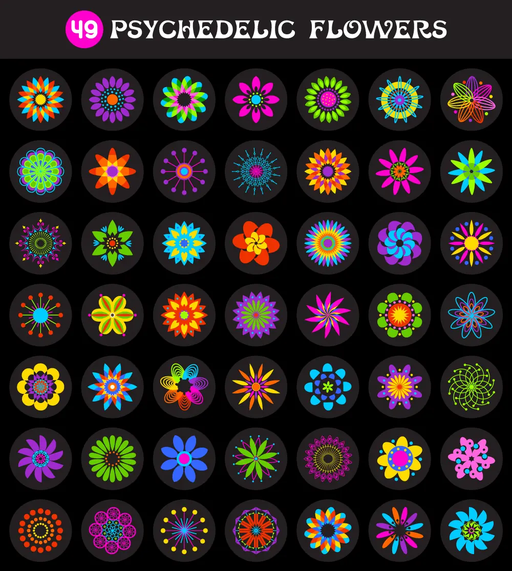 psychedelic-flowers-vectors Collage of colorful psychedelic flower vectors