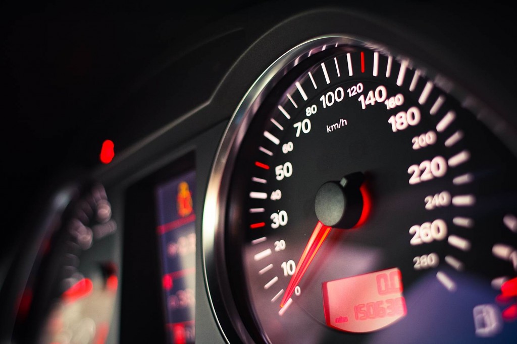 Close up image of an analog speedometer