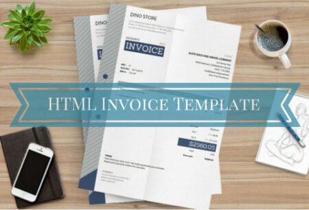 A corporate invoice generated using the free html invoice template, lying on a table