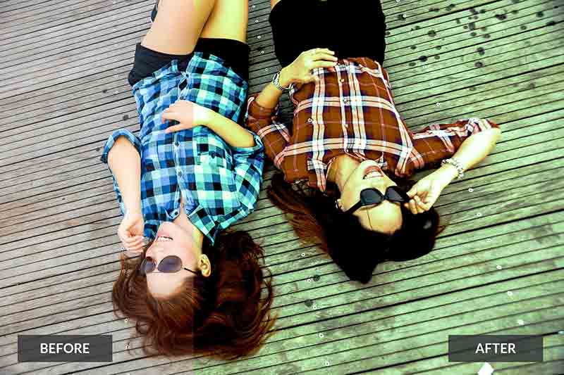 Photoshop action before after image of two girls laying on wooden floor