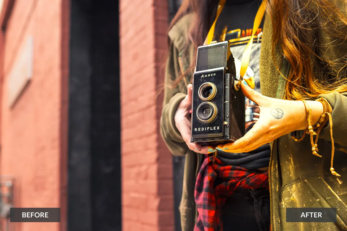 Free-Photoshop-action before after image of a girl holding a vintage camera