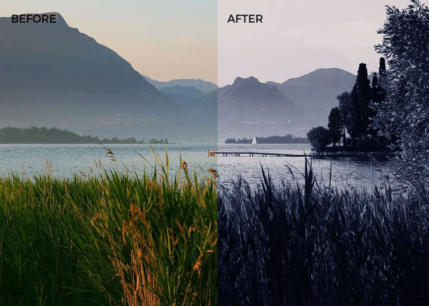 Black-And-White-Scenery Black and white Photoshop actions on a lake scenery