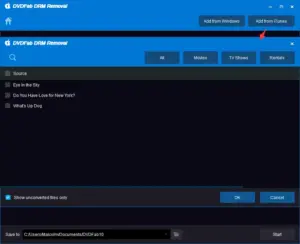 DVDFab DRM Removal software interface for selecting media files to convert.