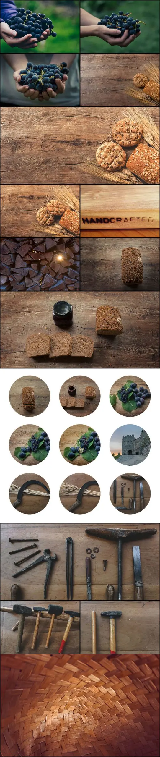 Long carousal of berries, bread and metal tool images