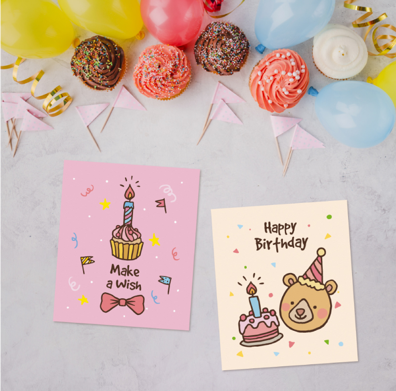 Hand-Drawn Birthday Cards with balloons and cupcakes in the background