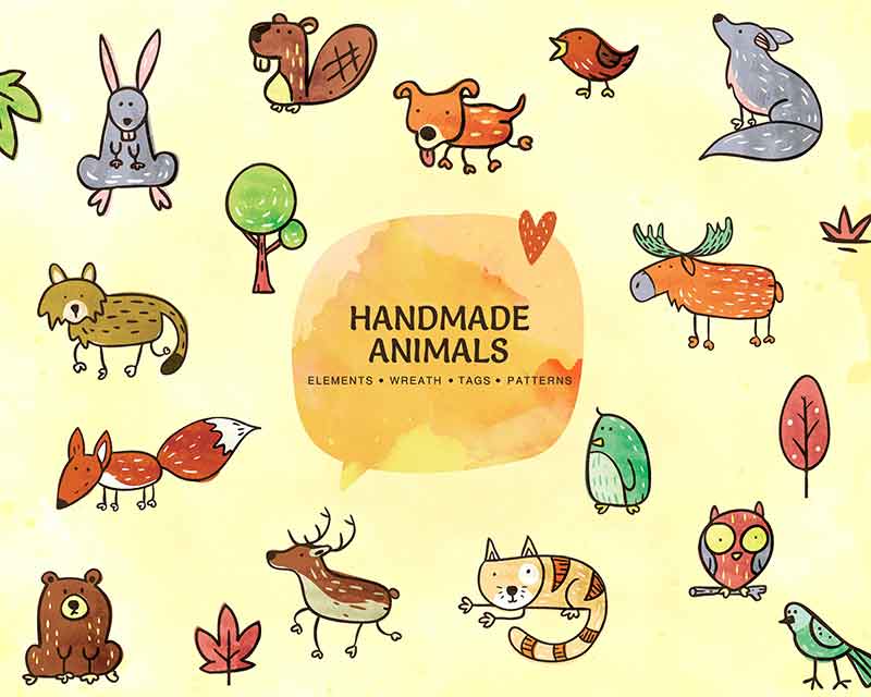 Handmade animal vector elements bundle