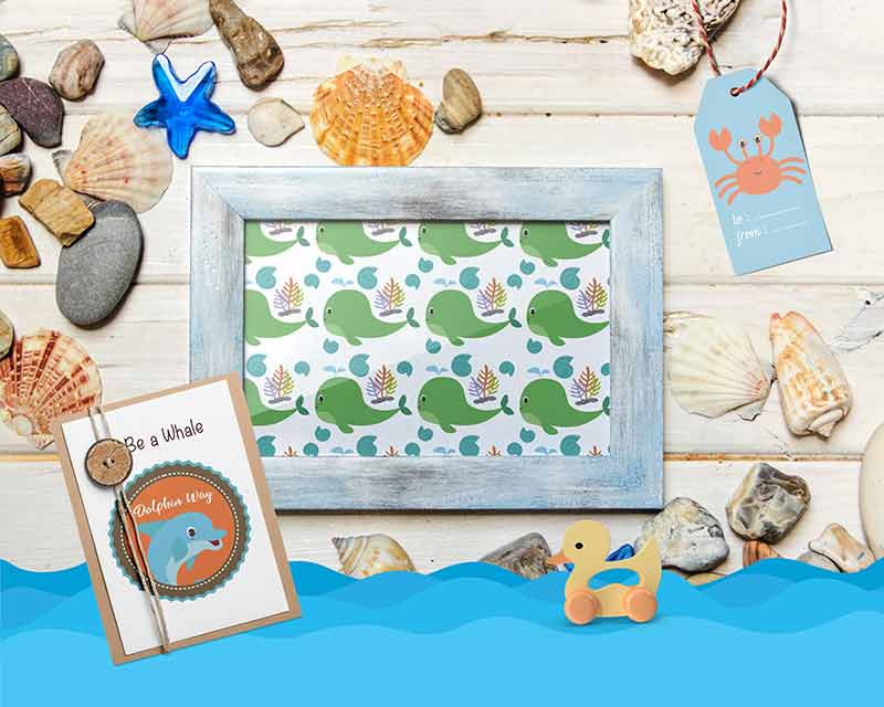 Fish vector elements in photo frame mockup 