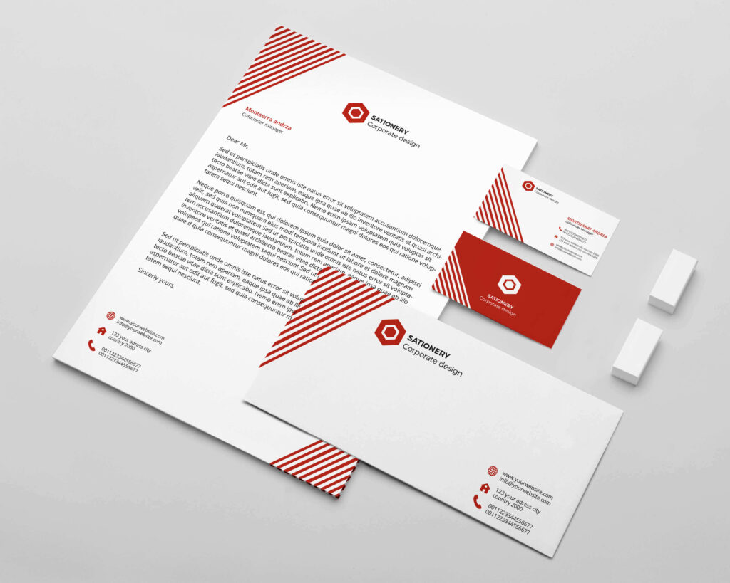 Image of white and red themed business card and post card template with red stripe pattern.
