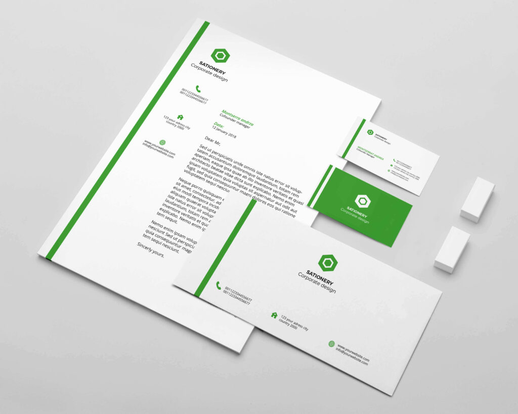 Image of business card and post card template with light-green striping