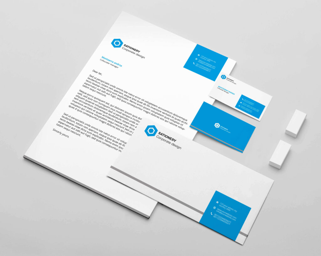 Image of white and sky-blue themed ready to print template of business card and post card.