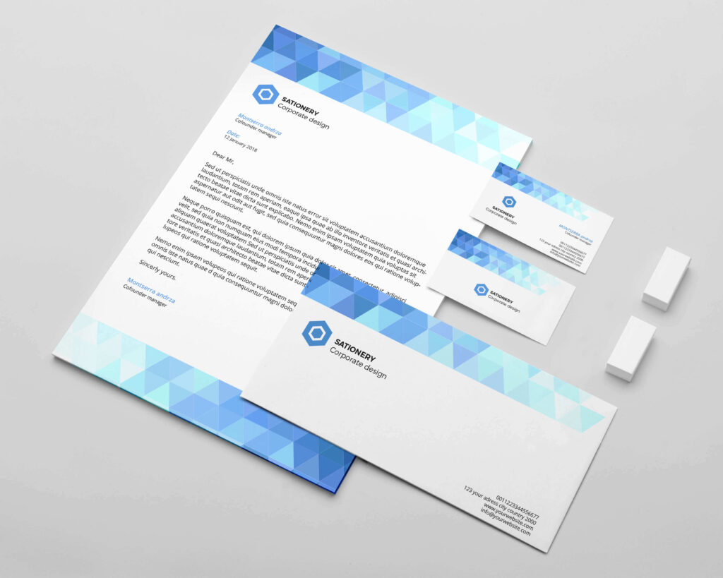 Image of business card and post card templates with sky blue colored patterns