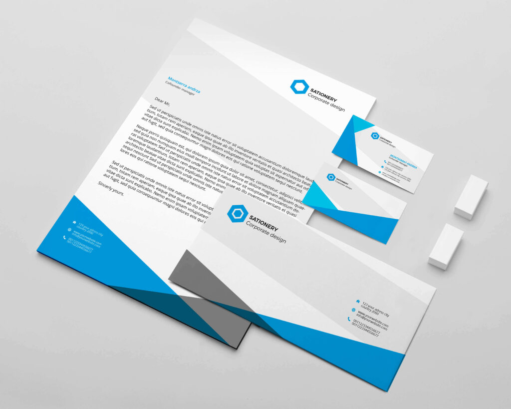Image of business card and post card template with blue and grey pattern.