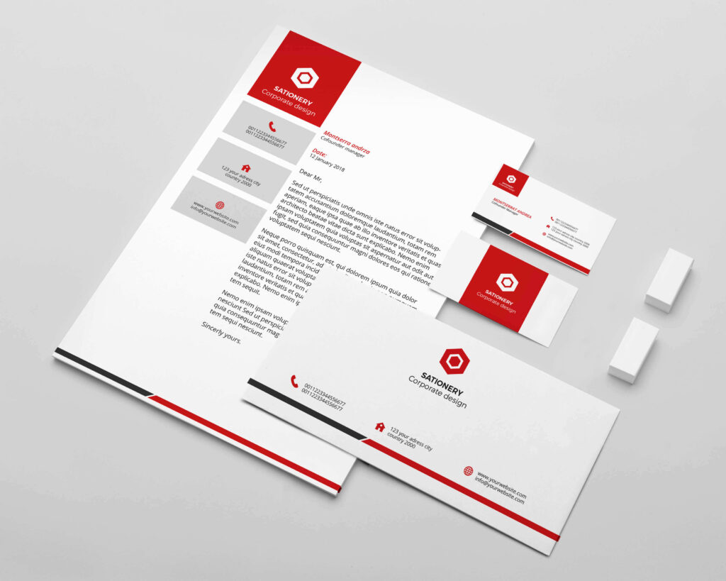 Image of maroon and white themed post card and business card template.