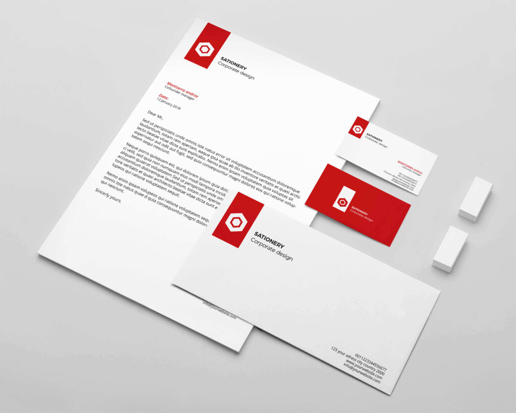 Image of red and white themed ready to print template of business card and post card.
