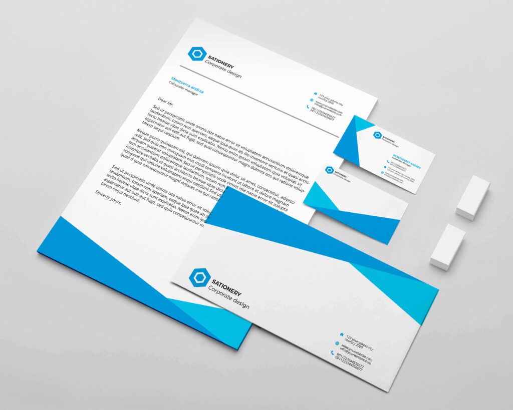 Image of sky-blue and white themed business card and post card template.