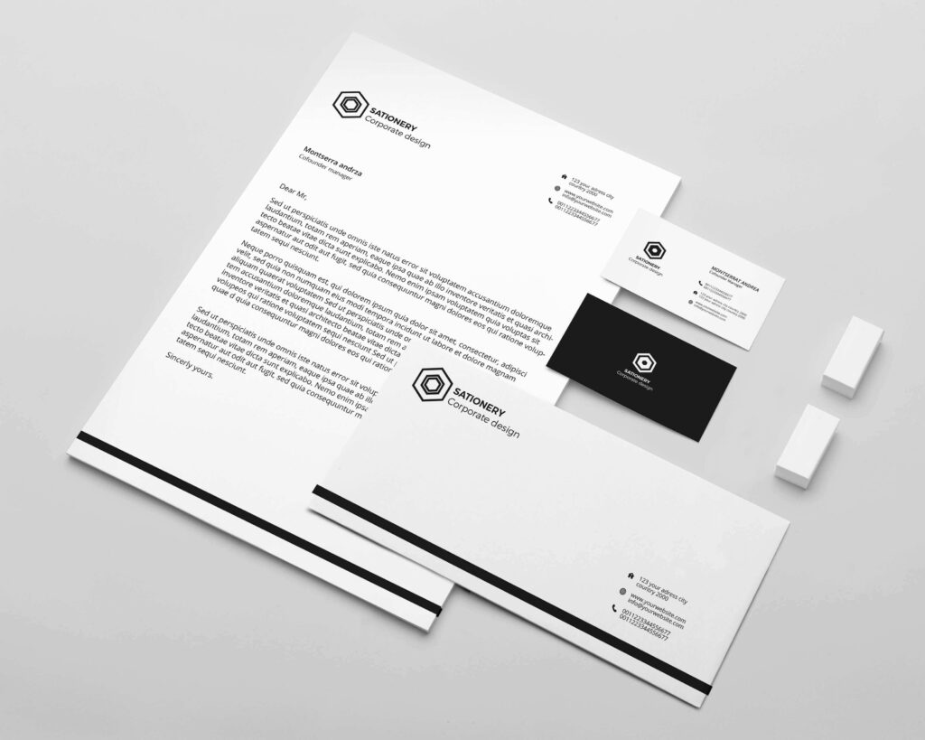 Image of black and white themed ready to print business card and post card template.