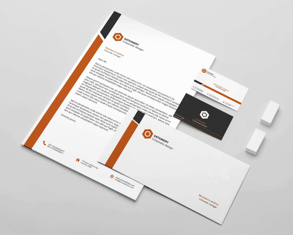 Image of dark-orange, black, and white themed ready to print template of business card and post card.