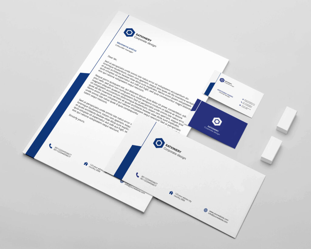 Image of dark-blue and white themed business card and post card template.