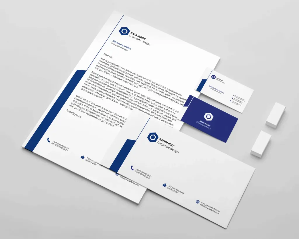 Image of dark-blue and white themed business card and post card template.