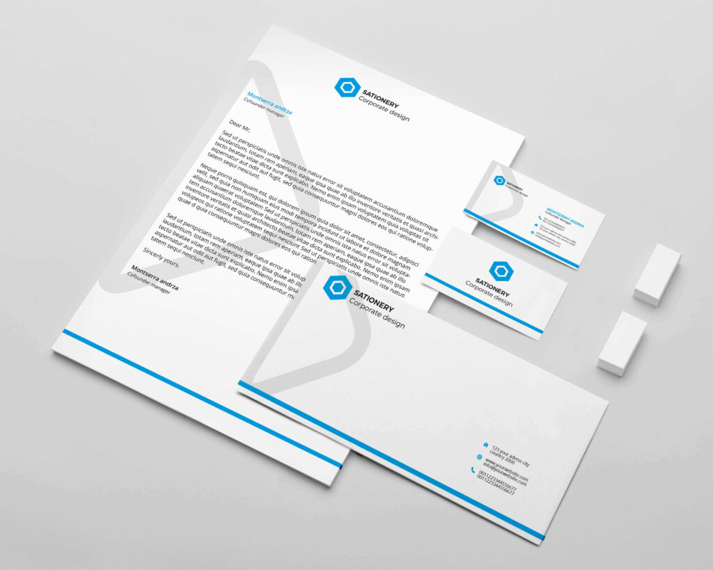 Image of ready to print template of business card and post card with turquoise colored stripes.