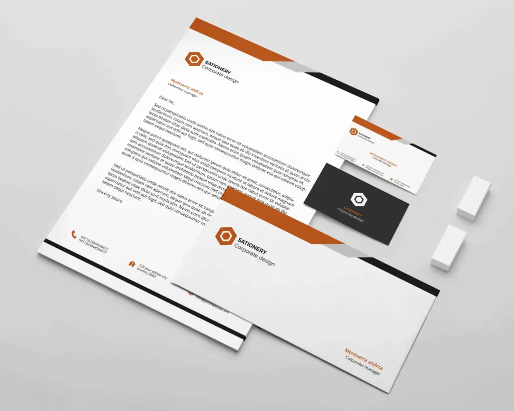 Image of dark-orange and white themed of business card and post card template.