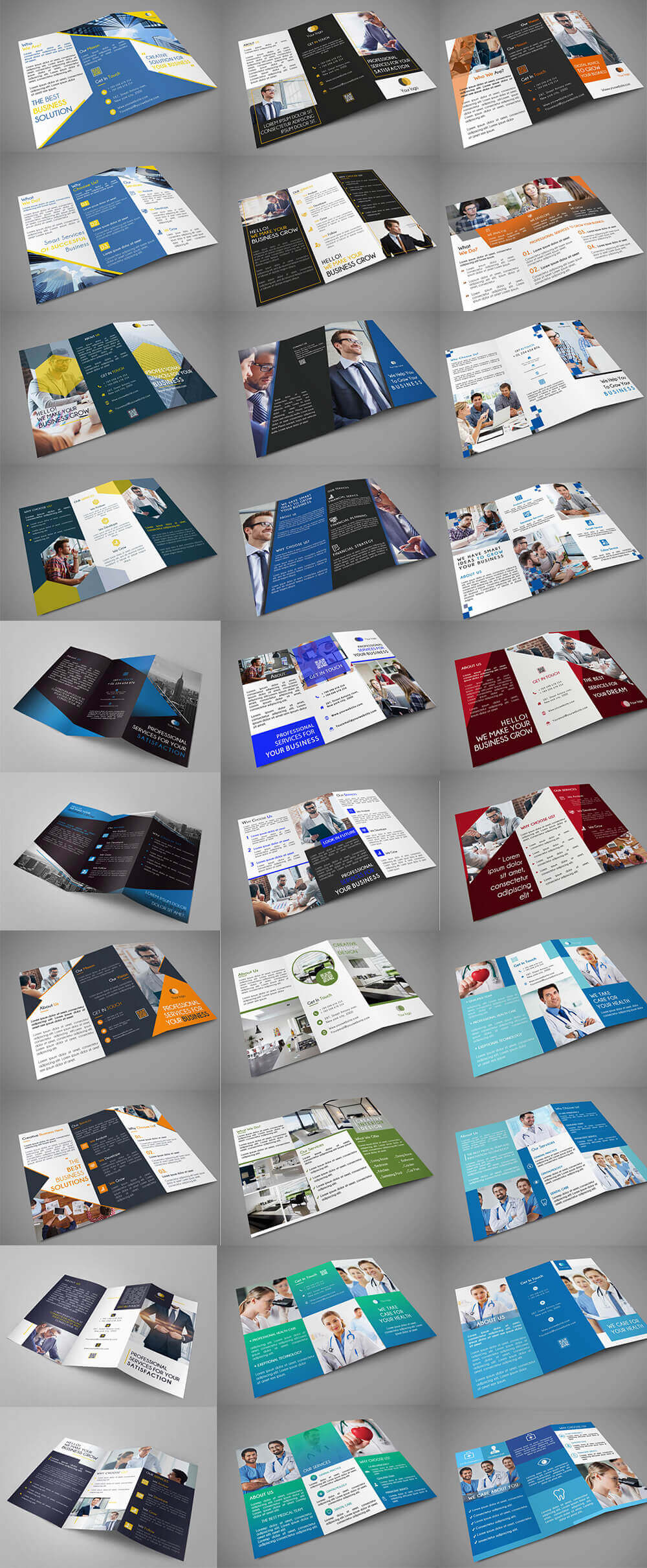 Preview of the different trifold flyers included in ready to print templates bundle