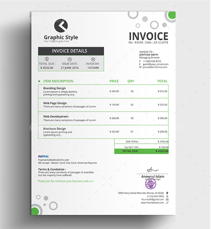 Green colored Graphic Style Invoice Template