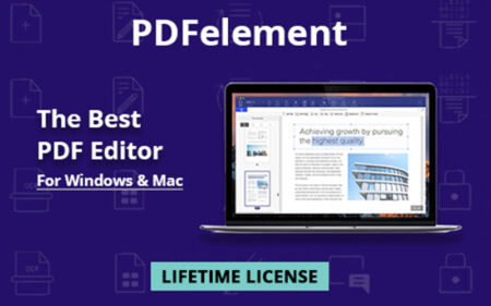 PDF editor banner with laptop and typography against purple background