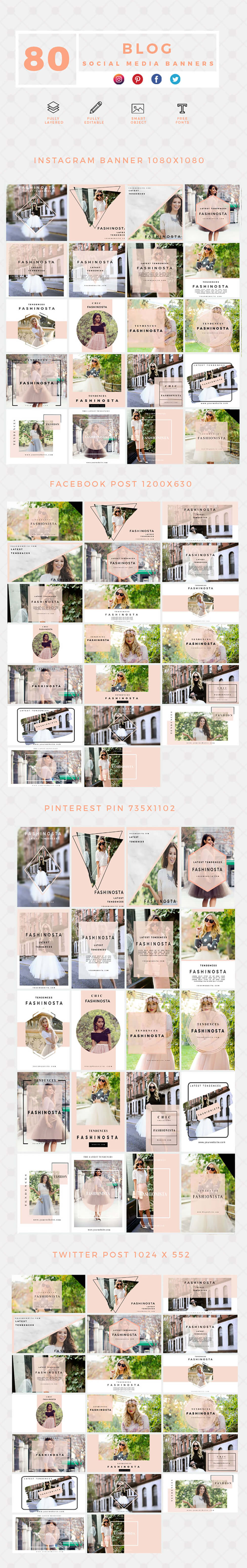 Long collage of social media blog banner templates including facebook and instagram banner templates