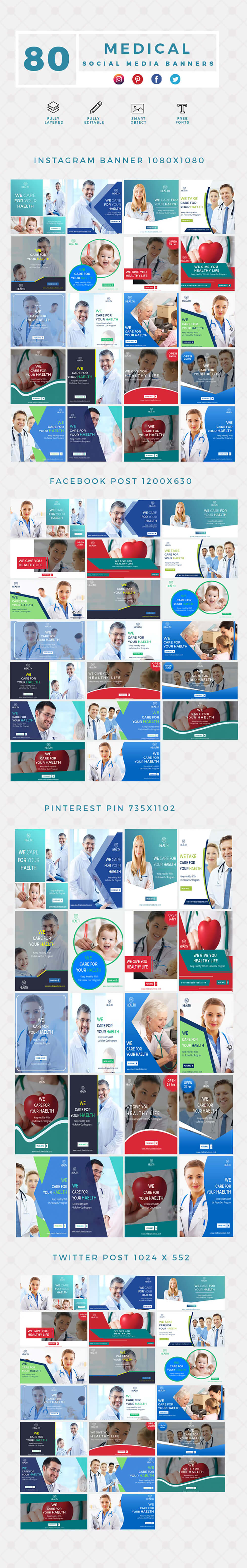 long carousal of medical social media banner templates 