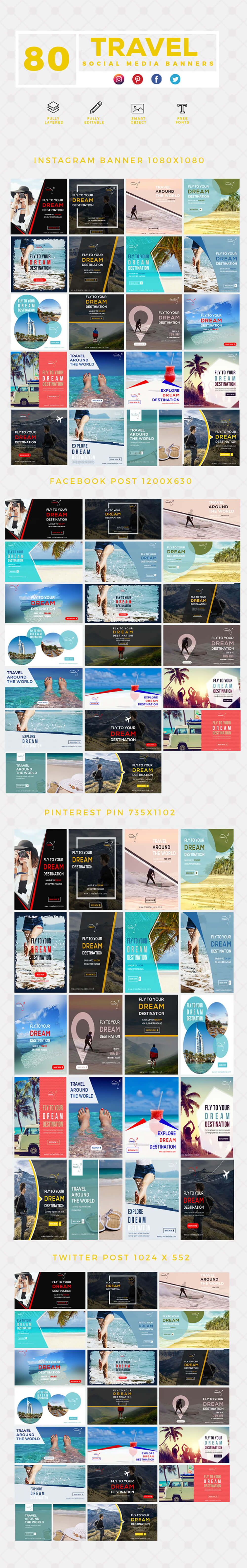 long carousal of Travel social media banner template 