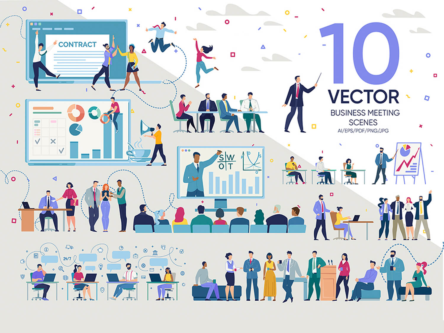 24-in-1 Flaticons Bundle: 10 Business Meeting Vector Scenes