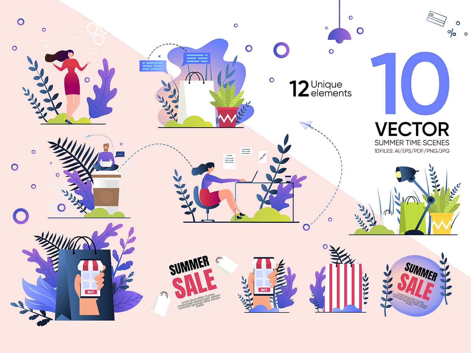 24-in-1 Flaticons Bundle: 10 Summer Time Vector Scenes