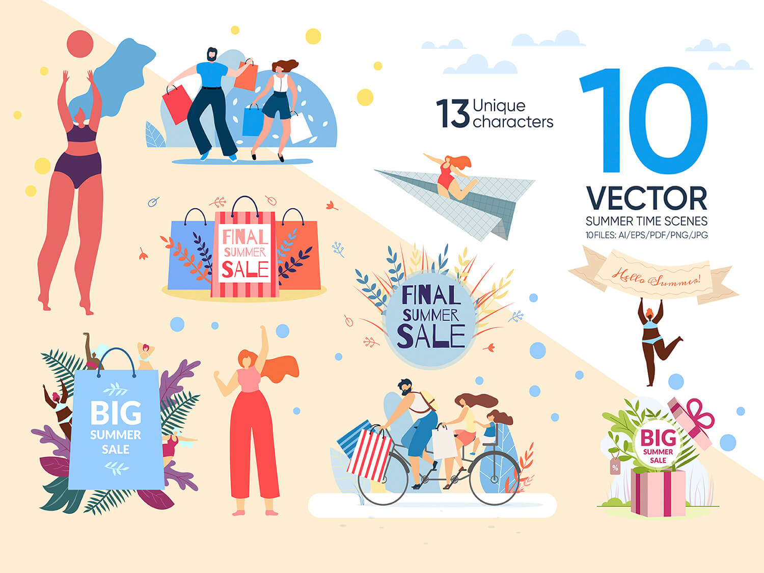 24-in-1 Flaticons Bundle: 10 Summer Time Vector Scenes