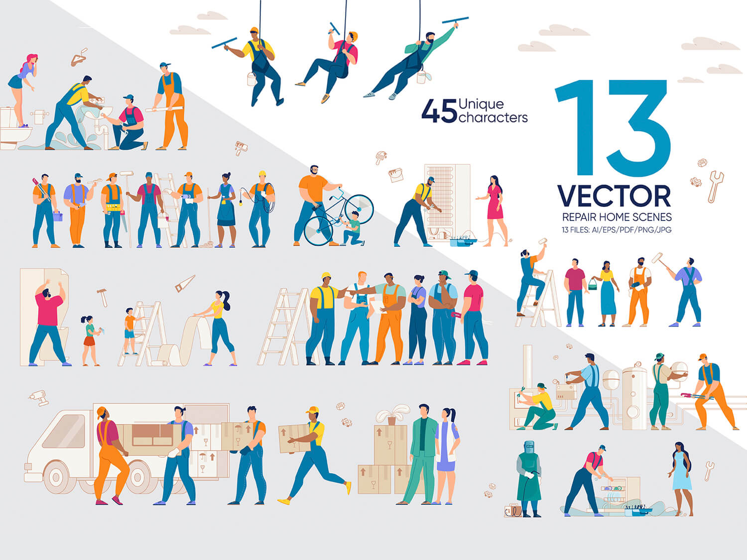 24-in-1 Flaticons Bundle: 13 Repair Home Vector Scenes