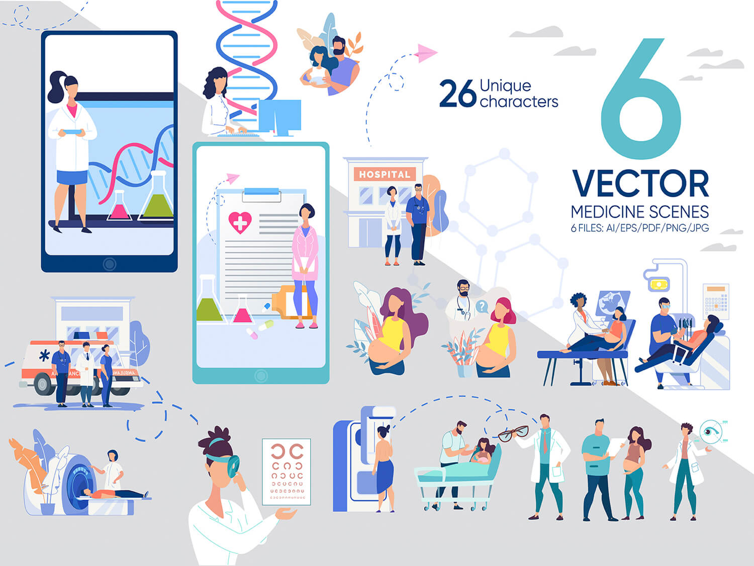 24-in-1 Flaticons Bundle: 6 Medicine Vector Scenes