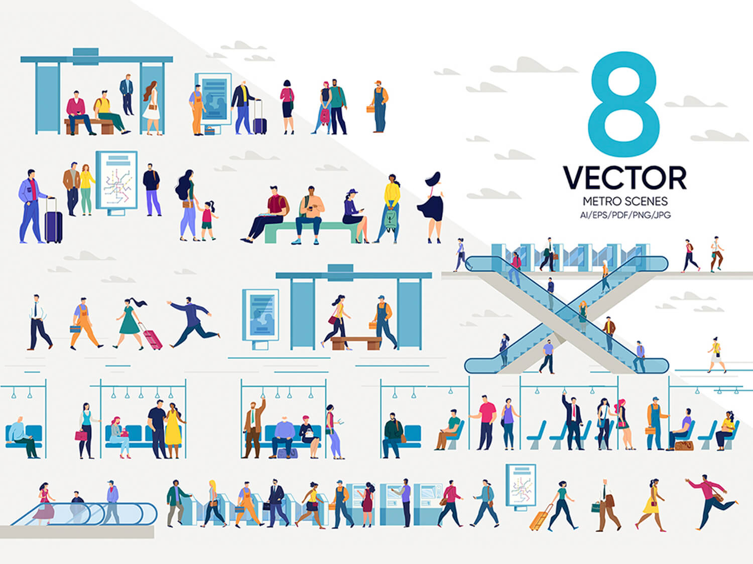 24-in-1 Flaticons Bundle: 8 Metro Vector Scenes