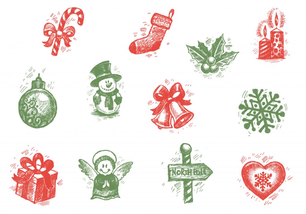 Yuletide overlay characters including snowman, gift box, bells, candles and more 