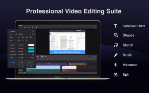 A promotional image displaying a video editing software suite interface on a laptop.