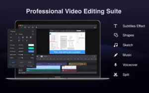 A promotional image displaying a video editing software suite interface on a laptop.