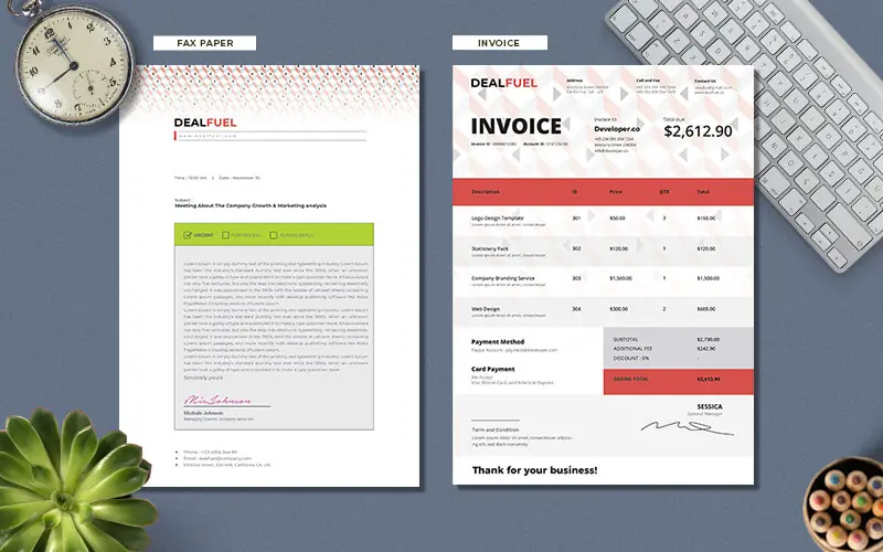 Invoice-template Invoice and fax paper templates in the brand identity templates pack