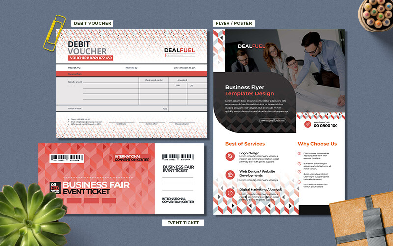 Brand identity templates of Flyers, debit vouchers, event ticket